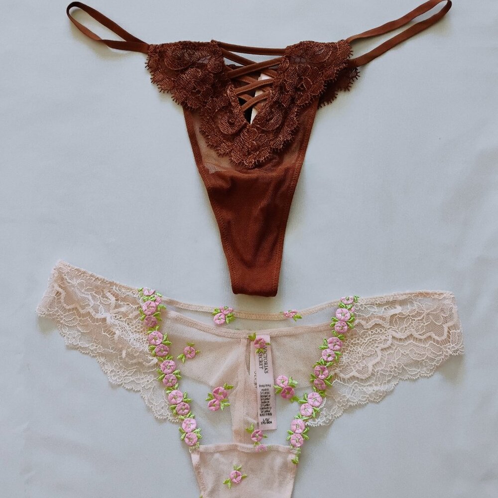 Victoria's Secret Lace Embroidery Thong Size L New With Tags (SET OF 2)